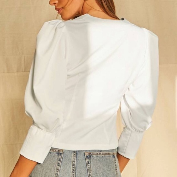 Button-Down Blouse with Puff Sleeves and V-Neckline - White main image 0